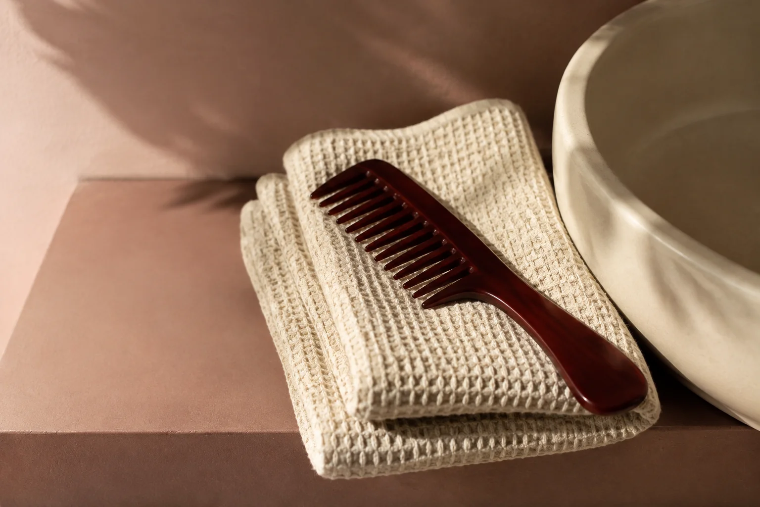 A wide-tooth comb resting on a folded towel beside a wash basin